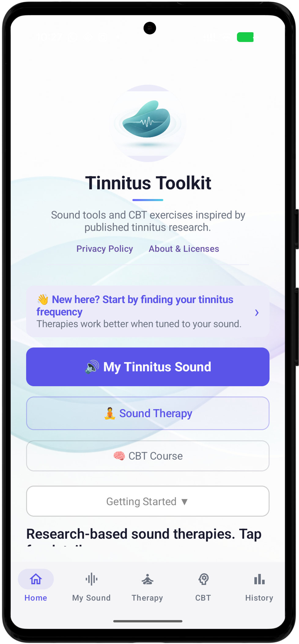 Tinnitus Toolkit home screen