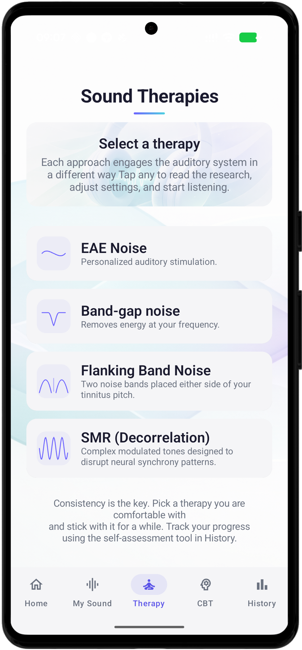 Sound therapy selection screen