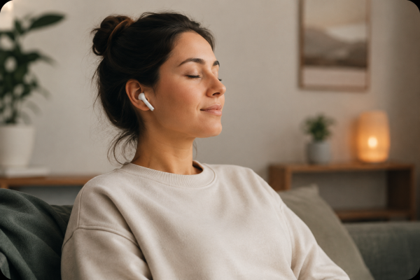 A person relaxing at home while listening through wireless earbuds